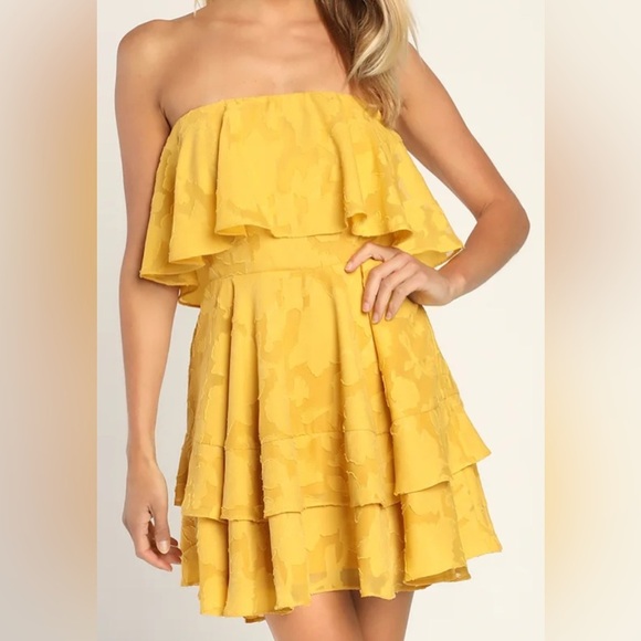 Lulus Dresses & Skirts - Lulus True Lover Mustard Yellow Burnout Floral Strapless Mini Dress Womens M NWT